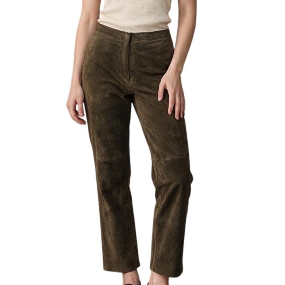 Vintage Y2K Olive Green Suede Leather Pants High Rise Straight Crop 28"